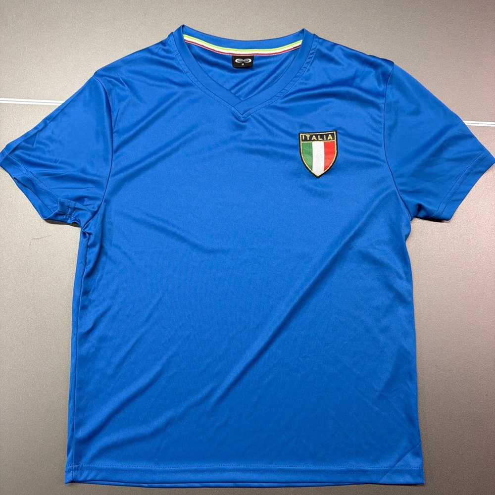 Italy Soccer Jersey Men's Medium Blue V-Neck Italia Crest Short Sleeve Shirt